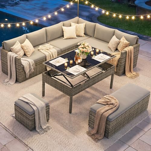 YITAHOME 9PCS Patio Furniture Set with Lift-Top Coffee Table & Ottoman, Outdoor Modular Sectional Sofa