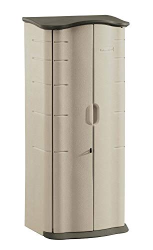 Rubbermaid Compact Vertical Resin Storage Shed With Floor (2 x 2.5 Ft), Weather Resistant, Beige/Brown