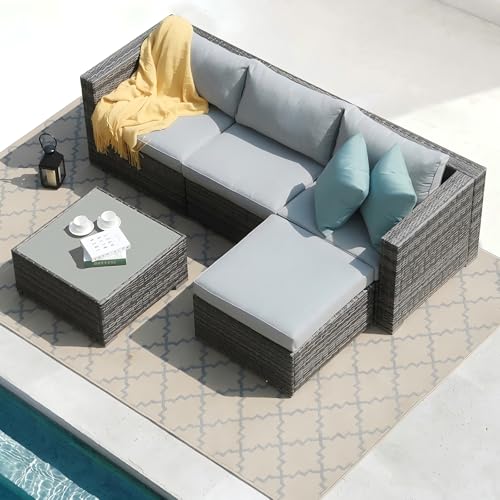 Patiorama 5 Piece Outdoor Patio Furniture Set, Sectional Conversation All-Weather Grey PE Wicker w/Light Cushions