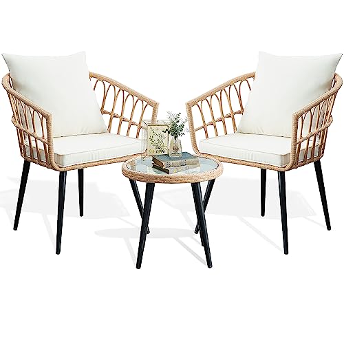 PORWEY 3 Piece Patio Bistro Set, Outdoor Wicker Apartment Balcony Furniture Sets