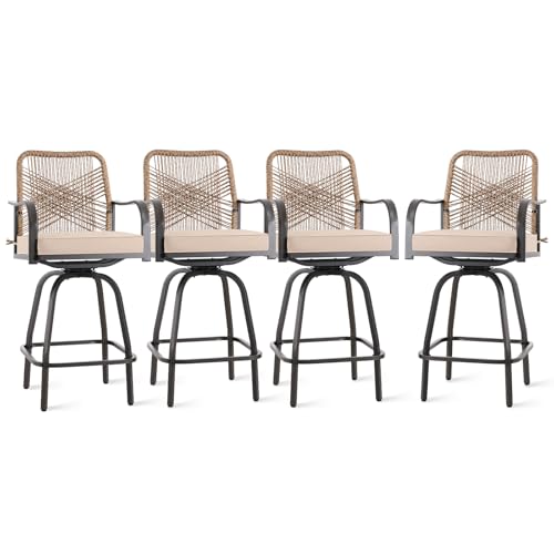 GOOGIC Outdoor Bar Stools Set of 4, 360° Swivel Metal Frame, Wicker Patio Bar Height Stools with Cushion