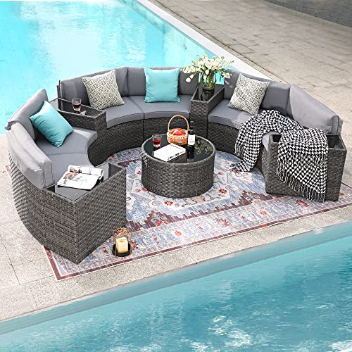 SUNSITT Outdoor Patio Furniture 11-Piece Half-Moon Sectional Round Set Curved Sofa with Tempered Glass Coffee Table