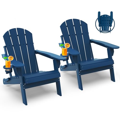 GREENVINES Folding-Adirondack-Chairs-Set-of-2 | HDPE Plastic | Fire Pit Chair | All Weather | Cup Holder | Blue | for Deck Ba