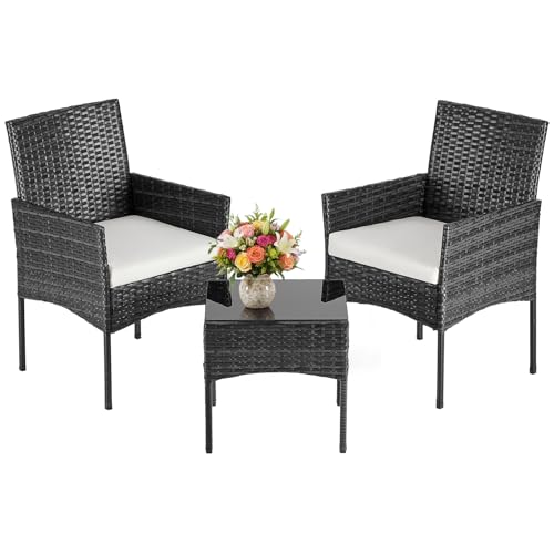 DUMOS 3-Piece Patio Furniture Set, All-Weather Outdoor Wicker Chairs with Removable Cushions & Tempered Glass Table