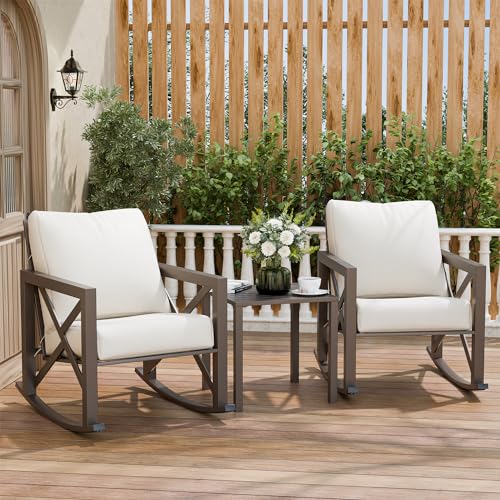 VONZOY Outdoor Rocking Bistro Set, Patio Rocking Chairs Set of 2 with Coffee Table