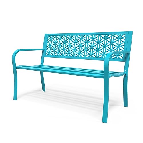 VINGLI 50" Outdoor Bench Metal with Floral Back, Garden Bench Front Porch Benches for Yard Patio Entryway Park