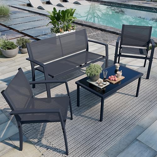 Shintenchi 4 Pieces Patio Furniture Set All Weather Textile Fabric Outdoor Conversation Set, with Glass Coffee Table