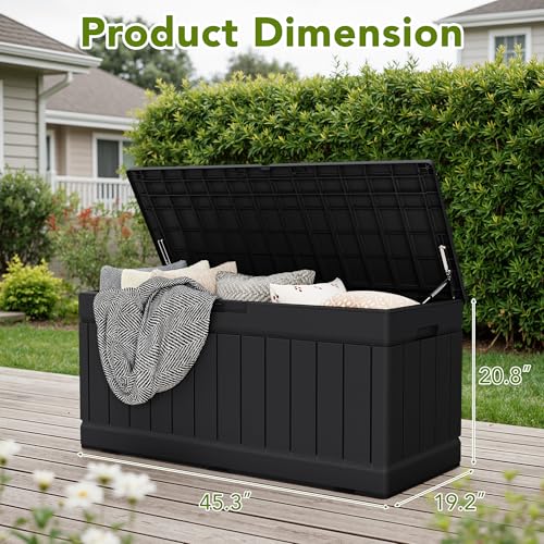 Devoko 78 Gallon Deck Box, Waterproof Resin Outdoor Storage Box for Outside and Patio, Outdoor Storage Bench Lockable for Patio Furniture, Garden Tools and Pool Supplies (Black, 78 Gallon)