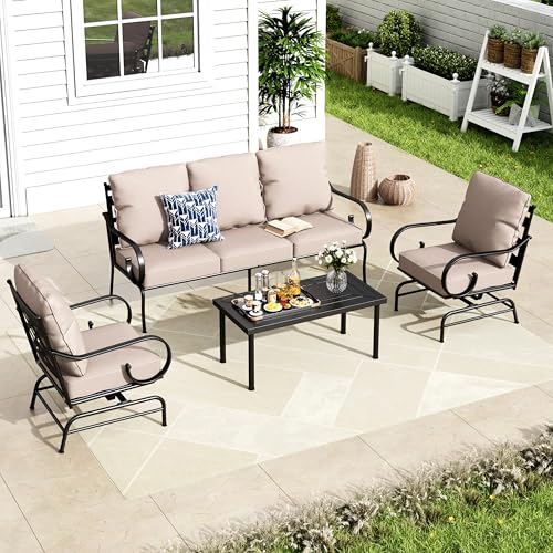 MFSTUDIO 5 Seats Large Metal Patio Conversation Sets, 4 Pieces Outdoor Patio Furniture Sofa with 2 Motion Chairs