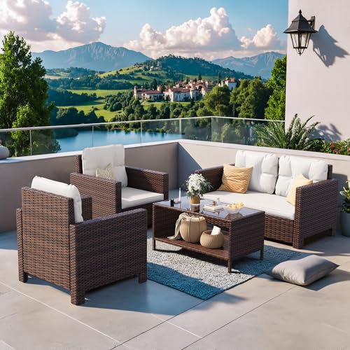 Homall 4 Pieces Patio Furniture Sets Rattan Chair Wicker Conversation Sofa Set