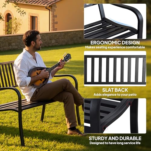 Outsunny 50" Outdoor Garden Bench, Patio Bench with Slatted Seat, Metal Porch Bench for Backyard, Poolside, Lawn, Black