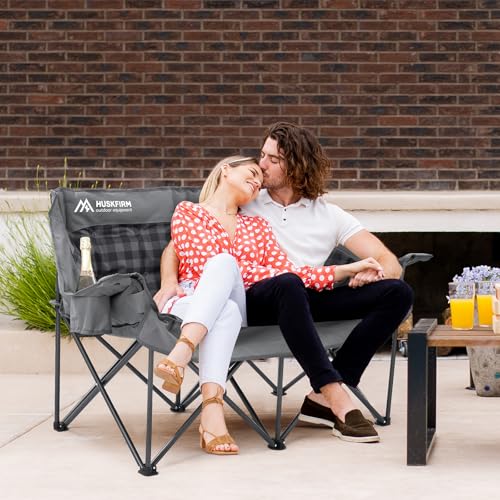 Double Camping Chairs Padded Loveseat Chair for 2 Person - Heavy Duty Oversized Camping Couch for Adults Outdoor Lawn Beach - Portable Folding Sofa with Cup Holders and Carry Bag, Grey