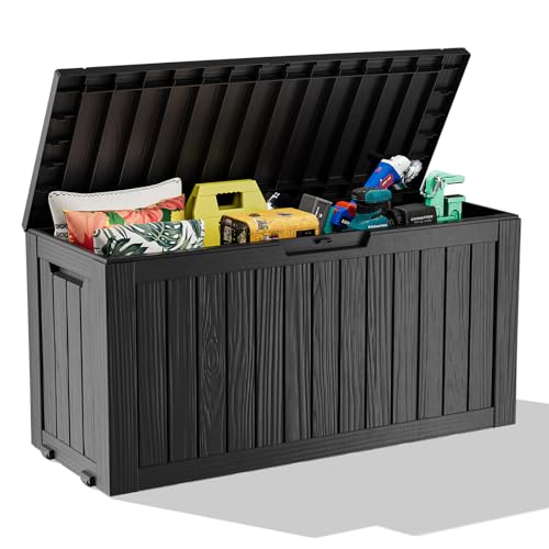 ROJIK Outdoor Storage Box with Wheels – 85 Gallon Mobile Waterproof Resin Deck Box, Lockable Storage for Patio Cushions