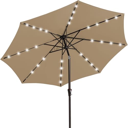 JEAREY 9FT Outdoor Patio Umbrella with Solar Lights, LED Lighted Pool Umbrella with Tilt and Crank