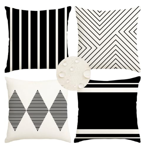 RABUSOFA Outdoor Pillows Waterproof, 18x18 inch Black and White Throw Pillows Boho Set of 4 for Patio Furniture