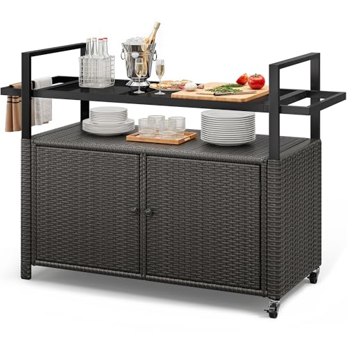 YITAHOME XL Outdoor Storage Cabinet, Outdoor Storage Cart with Wheels and Black Glass Table Top for Patio