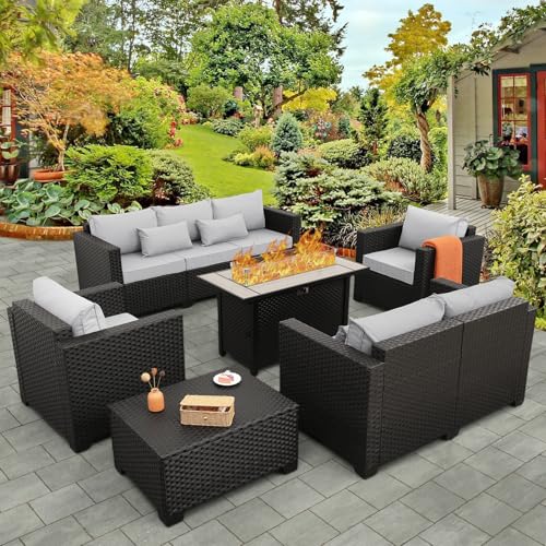 Rattaner 6 Pcs Outdoor Furniture Sets Patio Furniture Set with 45" Fire Pit Patio Couch Outdoor Chairs 60000 BTU Steel Propan