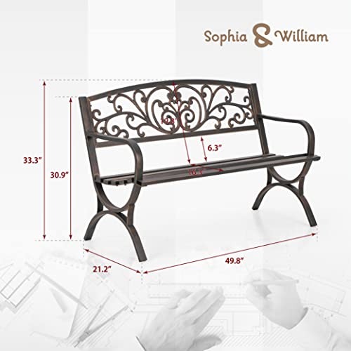 Sophia & William Metal Outdoor Bench, 50" Outdoor Garden Bench Patio Park Bench, Cast Iron Park Benches for Outside with Floral Design Backrest, Bronze