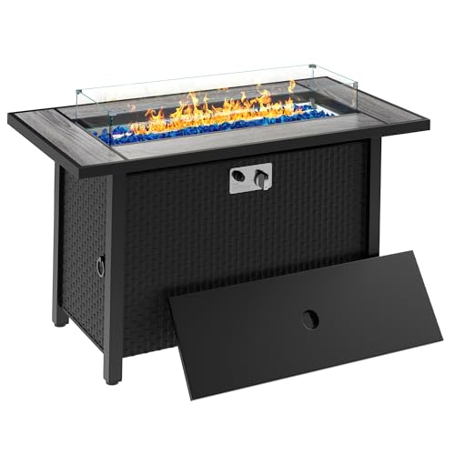 Meilocar 45in Fire Table, Propane Fire Pit with Glass Wind Guard and Rain Cover