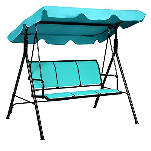 TANGKULA 3 Person Patio Swing, Steel Frame with Polyester Angle Adjustable Canopy, All Weather Resistant Swing Bench