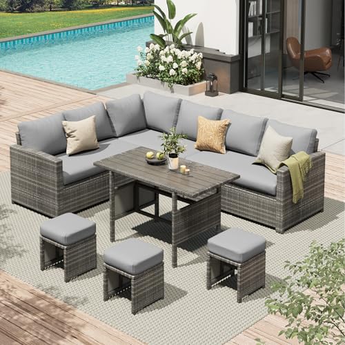 AECOJOY Outdoor Patio Furniture Set, 7 Pieces Clearance Sectional Rattan Dining Table&Chairs