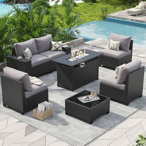 Aoxun Outdoor Patio Furniture Set with 44'' Fire Pit Table, 7 Pcs Outdoor Sectional with 4in Thicken Cushion