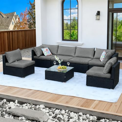 ZJEYEJZ 7 Pieces Black Patio Furniture Set - All-Weather Outdoor Sectional Wicker Conversation Sofa