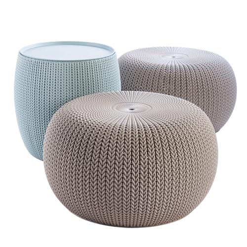 Keter Urban Knit Pouf Ottoman Set of 2 with Storage Table for Patio and Room Décor - Perfect for Balcony, Deck
