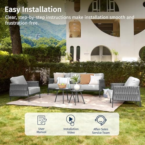 EAST OAK 5-Piece Patio Furniture Set | Life Chatter 5-Seat Outdoor Furniture | Deep Seating & Two Coffee Tables | Waterproof Extra-Thick Cushions | Porch, Balcony & Backyard | Earth Black & Misty Grey
