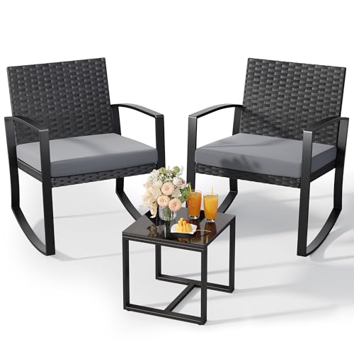Qsun 3 Pieces Patio Furniture Set Rocking Bistro Set Outdoor Rattan Conversation with Coffee Table for Garden Balcony Backyar