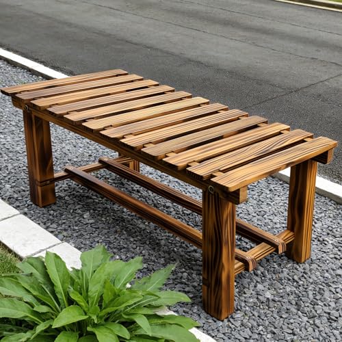 HAOIOKSC 35.5" Outdoor Garden Bench, Weatherproof 2-Person Backless Wooden Bench with Mortise-Tenon Structure – for Garden
