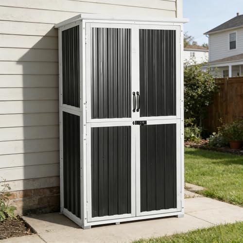 GUTINNEEN Outdoor Tool Cabinet, Heavy Duty Wood & Metal Frame Garden Storage Shed