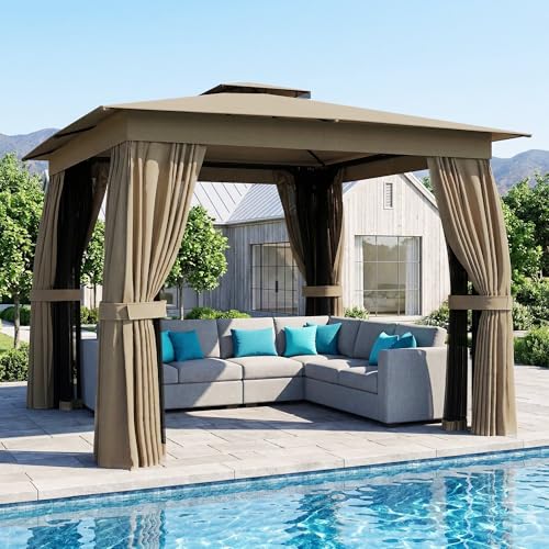 Outsunny 10' x 10' Outdoor Patio Gazebo, Heavy Duty Gazebo Canopy Shelter with Double Roof, Curtains, Netting, Steel Frame