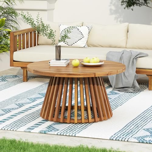 Christopher Knight Home Hakee Acacia Wood Patio Coffee Table, Round Table with Unique Wooden Base for Backyard, Balcony