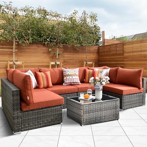 HOOOWOOO Patio Outdoor Sectional Furniture Sofa Set, 7 Piece U Shaped Corner Wicker Rattan Couch Set