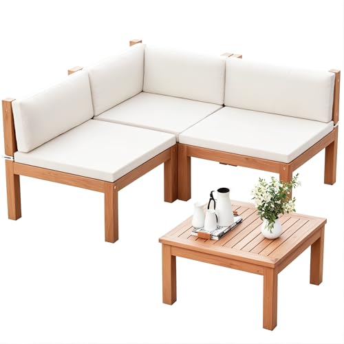 Devoko 4 Pieces Outdoor Sectional Couch Patio Sectional Sofa with Acacia Wood Coffee Table