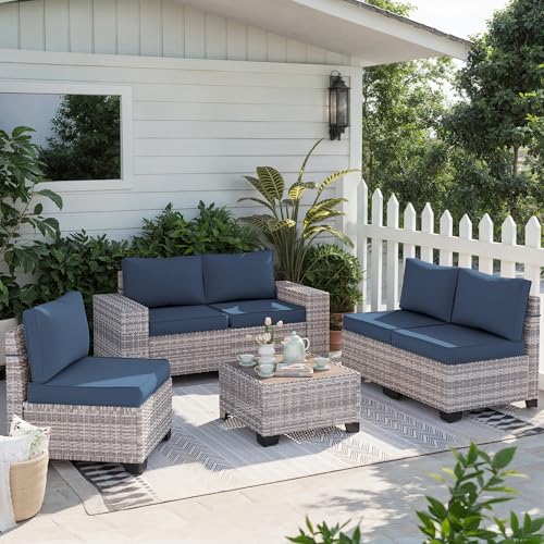 Muphyers 6-Piece Outdoor Patio Furniture Set Wicker Rattan Sectional Sofa Set, Patio Conversation Set with Thickened Cushions & Coffee Table for Garden, Backyard, Navy Blue