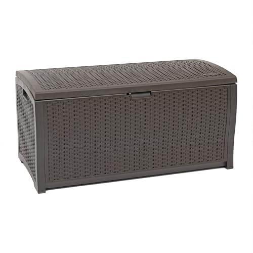 Suncast DBW9200 99 Gallon Outdoor Wicker resin Patio Storage Chest Bin with Handles for Patio, Garden, Garage