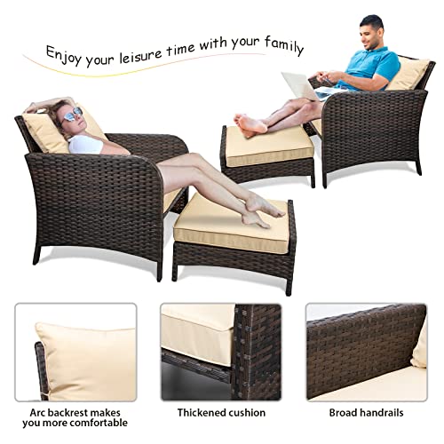LEVELEVE Balcony Furniture 5 Piece Patio Conversation Set, PE Wicker Rattan Outdoor Lounge Chairs with Soft Cushions 2 Ottoman&Glass Table for Porch, Lawn-Brown Wicker