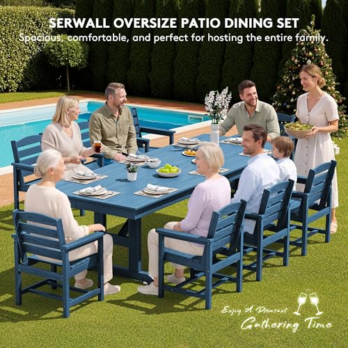 SERWALL 9 Piece Outdoor Dining Set, 84" HDPE Outdoor Table and Chairs for 8,All Weather Patio Furniture Set with Umbrella Hole for Backyard, Garden, Blue