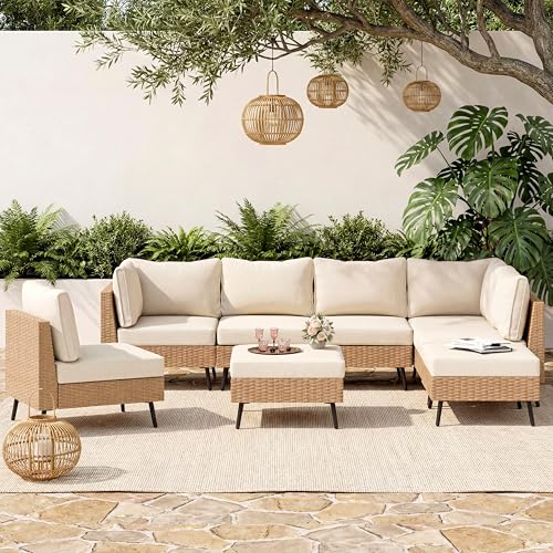 EO Living 8-Piece Patio Furniture Set, Outdoor Sectional Sofa PE Rattan Outdoor Patio Furniture with Thick Cushions