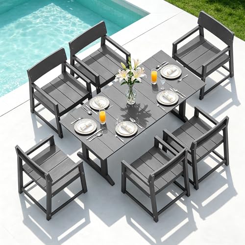 Shintenchi 7 Pieces Outdoor Dining Set, HDPE Outdoor Table and Chairs Set for 6