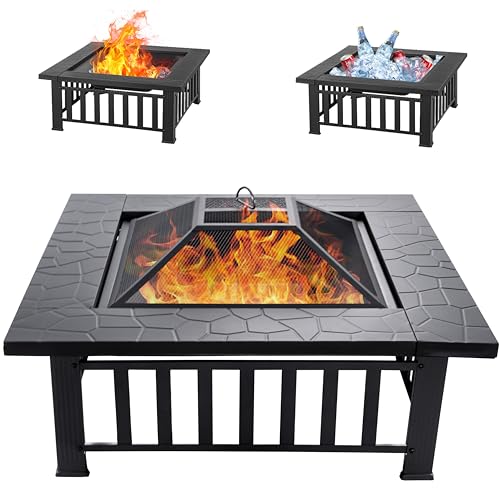 EcoNook 32 inch Fire Pit, Square Outdoor Fire Pit Table with Spark Screen & Fire Poker