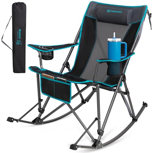 FUNDANGO Oversized Rocking Camping Chair for Adults, Portable Folding Lawn Chairs for Outside with Pillows, Wide Armrest
