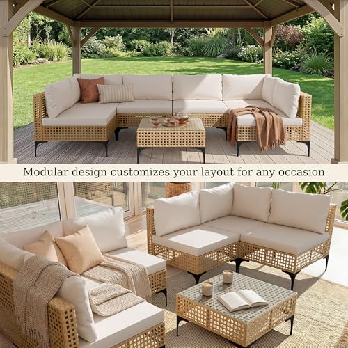 Devoko Patio Furniture Set,7 Pieces Outdoor Wicker Sectional Couch with Thick Cushions &Glass Tabletop, PE Rattan Backyard Conversation Sofa with Coffee Table for Deck, Porch