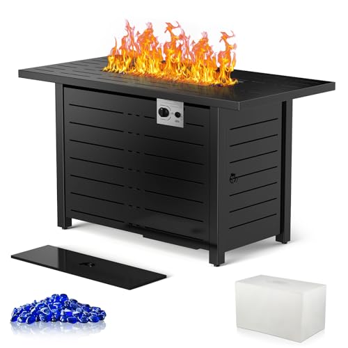 Xbeauty Fire Pit Propane Gas FirePit Table 43" Outdoor Fire Pit Rectangular Tabletop with Lid, Rain Cover