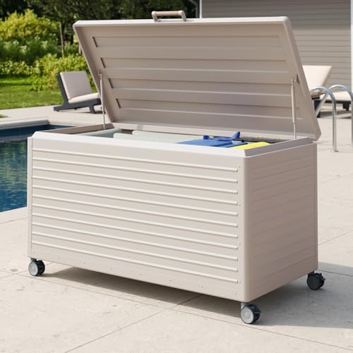 MIRADOR 175 Gallon Outdoor Storage Box with Wheels & Soft-Close Lid, Waterproof Metal Deck Box for Patio Cushions