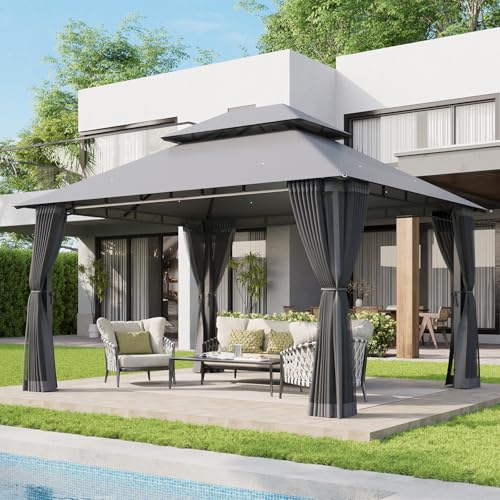 Aoxun 12x10 Gazebo with Double Roof & Mosquito Netting Outdoor Heavy-Duty Party Tent