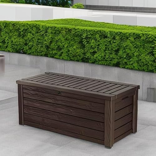 Keter 150 Gallon Resin Large Deck Box Organization and Storage Box for Patio, Outdoor Cushions, Garden Tools, Brown