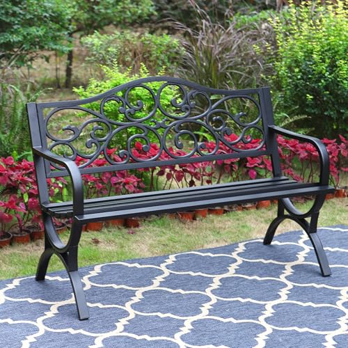 MFSTUDIO 50 Inches Outdoor Garden Bench, Cast Iron Metal Frame Patio Park Bench with Floral Pattern Backrest